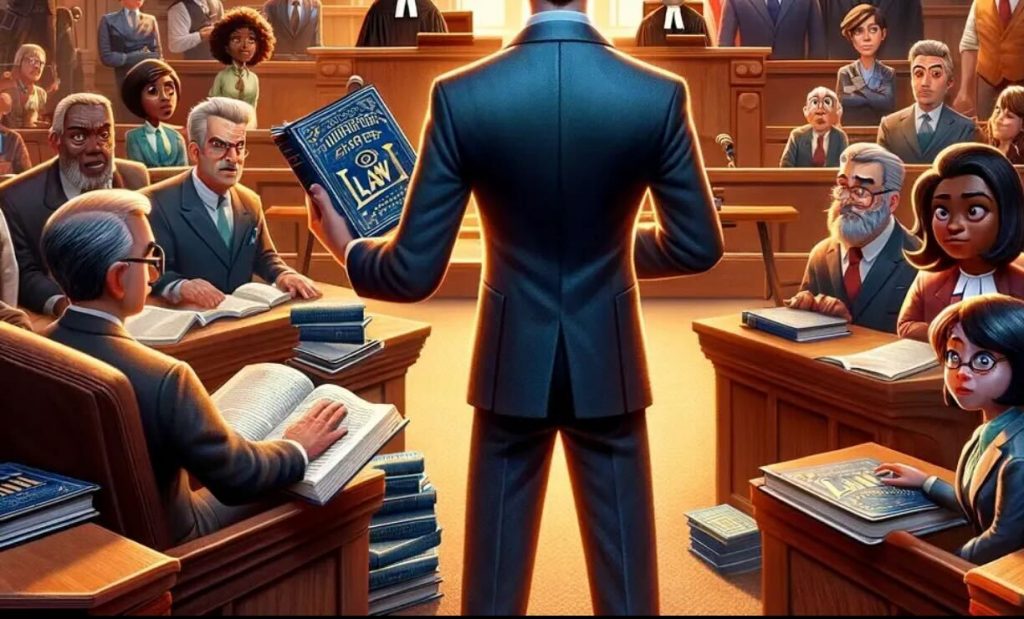 An illustrated courtroom scene showing a man holding up a law book titled "Courtroom Law" while standing before a judge and jury composed of a diverse group of cartoon characters, suggesting the universality and fairness of the legal system.