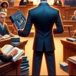 An illustrated courtroom scene showing a man holding up a law book titled "Courtroom Law" while standing before a judge and jury composed of a diverse group of cartoon characters, suggesting the universality and fairness of the legal system.